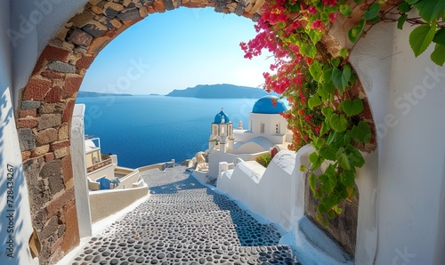 An arched gateway offering a glimpse of the sea, embodying the quintessential beach living of Santorini Island style