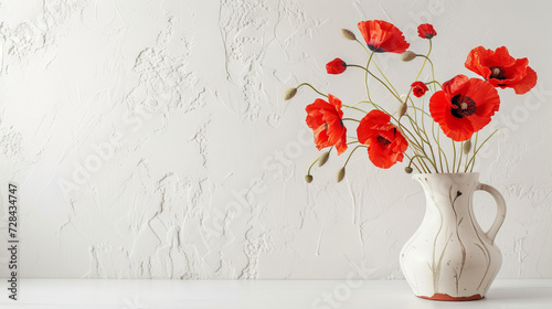 Red poppies in a ceramic vase adorn a white-walled space within a wabi-sabi-inspired interior