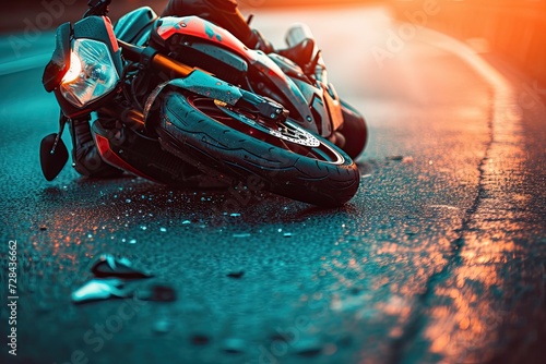 A motorbike accident scene unfolds on the road, with a damaged vehicle serving as a stark reminder of the dangers of the open road.