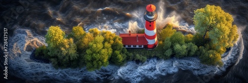 Lonely lighthouse on island hit by waves in the ocean at dusk, aerial view in golden hour