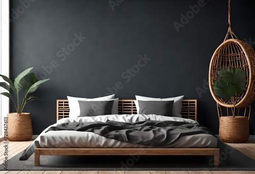 Dark bedroom interior mockup, wooden rattan bed on empty dark wall background, Scandinavian style, 3d render 