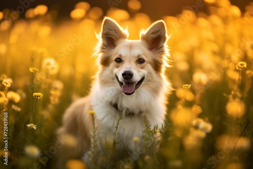 Icelandic sheepdog sitting in meadow field surrounded by vibrant wildflowers and grass on sunny day ai generated