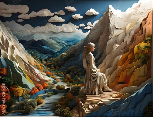 Mountain sunset Stream Cascading Waterfall Landscape Man Paper Cut Wallpaper Background Illustration.Generative AI