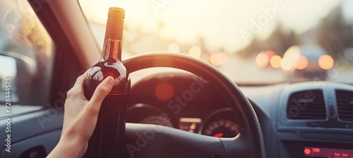 Reckless drunk driving man operating vehicle while holding wine bottle, with copy space available