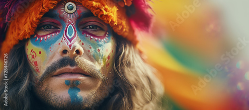 young bearded hippie man with colorful painted makeup, close up portrait