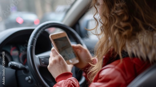 Distracted driving concept young woman using smartphone while driving, not safe and risky behavior