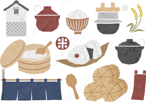 ご飯アイコン,お米,お釜,土鍋,お櫃など水彩画
