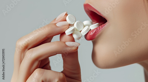close-up pouring a handful of antidepressants into mouth, 