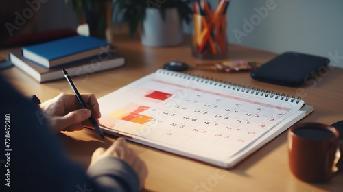 Reminder appointment calendar for organizer agenda time table and event planner organize and schedule activity. Man pointing on calendar or schedule to marking color paper note target date appointing