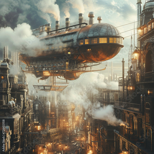 Retro fantasy scene, a steam-powered airship flying over an industrial steampunk cityscape, vintage style