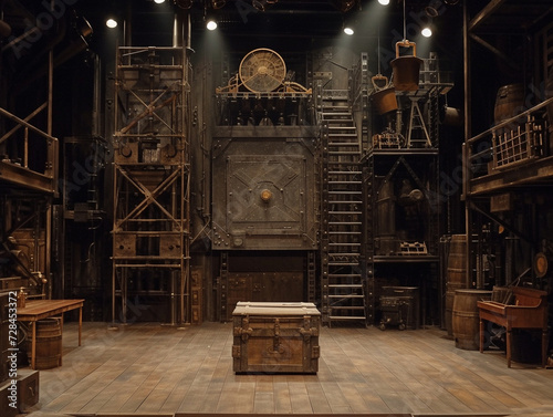 Industrial stage with a steampunk theme, featuring a steam-powered box amidst iron creaks and mechanical stages
