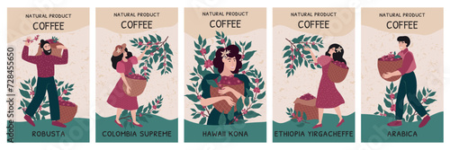Coffee package. Bean label pattern or colombia and ethiopia beverage. Cafe poster, kenya plantation harvest picker, organic drink. Man and women harvesting. Vector design illustration