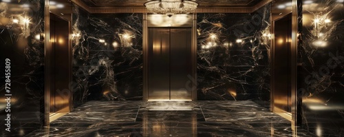 Polished metal elevator doors contrast with the dark, veined marble of an opulent lobby