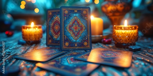 A mystical scene of divination with tarot cards and candles on a wooden table.