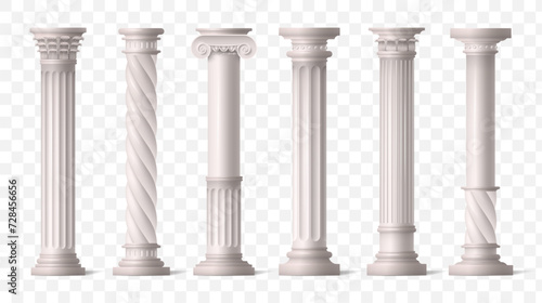 Roman columns. Green ionic pillars from Ancient Greece or Rome architecture temple, white arch frame or pedestal. Classic antique colonnade with carved stone. Architecture elements vector set