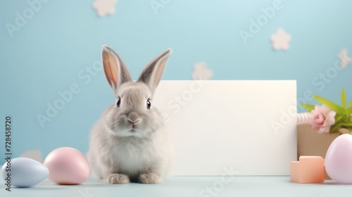 Happy Easter concept a cute bunny poses with a blank whiteboard