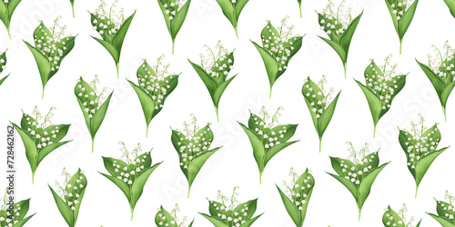 Watercolor seamless pattern with bouquets of lilies of the valley on a white background. Delicate floral endless wallpaper