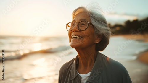 grandma smiling in the morning with beach background