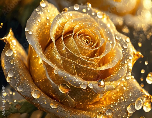 Złota róża pokryta kroplami rosy