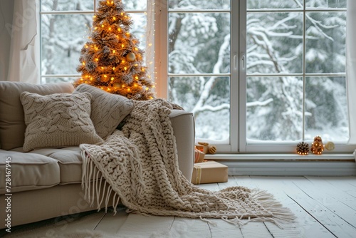 Loveseat sofa with knit blanket and day abstract wooden Christmas tree with glowing lights near window with winter snow forest view. Scandinavian country home interior design of modern living room.