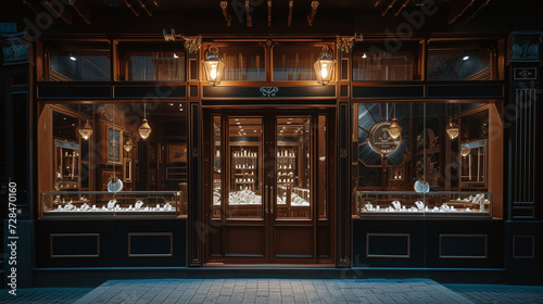 A high-end jewelry store front with intricate metalwork and discreet security cameras, bathed in moonlight 