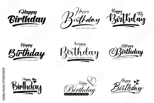 Happy Birthday. Happy birthday handwritten text lettering calligraphy set isolated on white background. Vector illustration. Birthday poster design