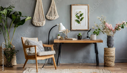 Design home interior of living room with stylish chair and wooden desk, plants, flowers, table lamp, mock up poster frame, macrame and elegant accessories. Stylish home decor