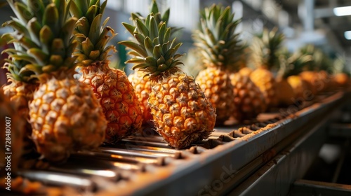conveyor belt production line, capturing the detailed details of each pineapple in transit against a backdrop that accentuates the freshness of the fruit