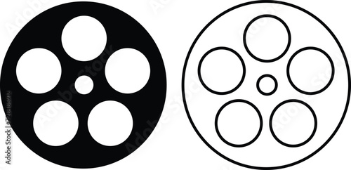 Film reel icon set. Black movie reel icon in vintage style. Old retro reel with film strip flat or line vector collection isolated on transparent background. Photographic, Curved film strip PNG.