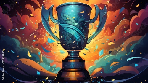 illustration of a championship cup, featuring symbolic elements, confetti, and the representation of a triumphant moment