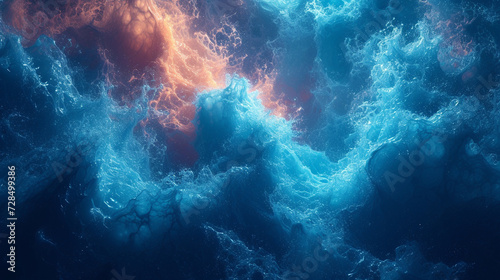 Dynamic waves of cerulean and coral collide, evoking a sense of oceanic depth and emotional turbulence. 