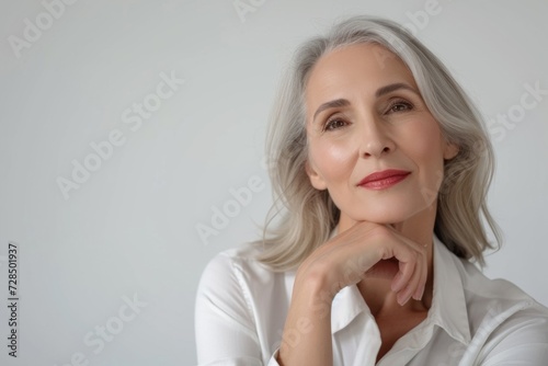A beautiful 50-year-old woman smiles confidently, showcasing her flawless skin and natural beauty. She embodies the essence of mature skincare and radiates wellness.