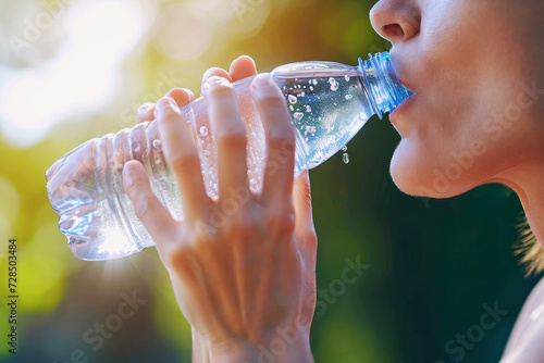 Close-up of a woman Drinking Water From Bottle Outdoor in a sunlit natural setting. Vitality of staying hydrated for wellness.