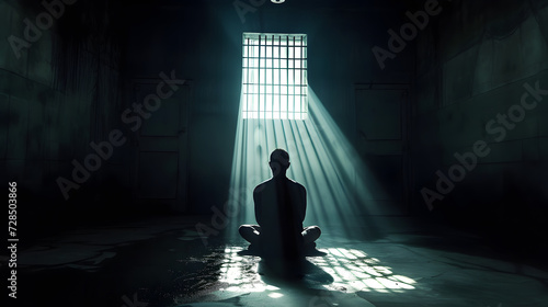 a man sitting in a jail cell with light beaming out