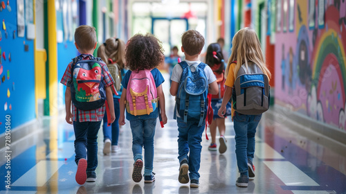 school students walk down the school corridor together