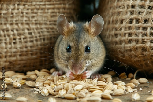 A curious packrat mouse delicately nibbles on seeds amidst a mountain of grains, blissfully unaware of the bustling world around it
