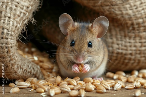 A small, curious rodent indulges in a feast of grains, showcasing the natural instincts and adaptability of the diverse muroidea family in the wild