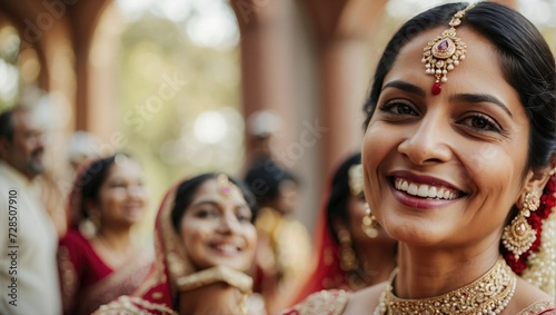 Warm, close-up portrait of a beaming Indian woman in exquisite traditional wedding attire, capturing the essence of bridal joy and cultural elegance at a ceremony.