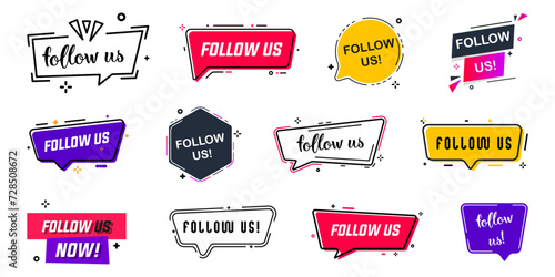 Follow us banner badge icon collection. Follow us badges for social media in different styles. Promotion follow us banners