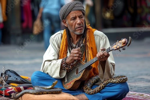 A troubadour in casual attire strums his guitar, captivating passersby with his raw street performance on the bustling city sidewalk