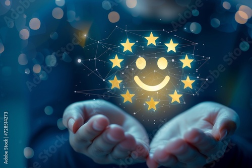 Conjoint buoyant uplift emojis. Verified reviews client media communication manipulate smiles happy faces. Neon glowing star emojis, star ratings, handicraft joyful and light happy lucky smiley faces.