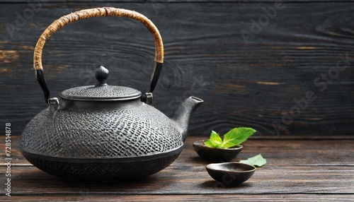 black iron teapot in traditional asian style on dark wooden background