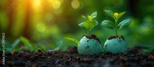 The concept of new life and sustainability is captured by young plants sprouting from eggshells on fertile soil