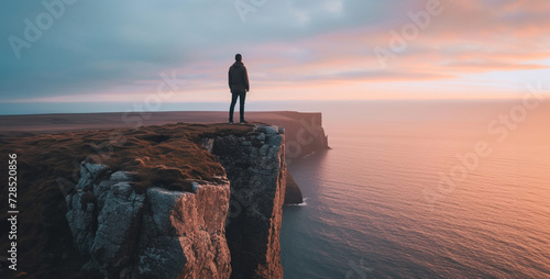 Man standing on the edge of a cliff and looking at the sunset,Silhouette of a man standing on the edge of a cliff in the fog.