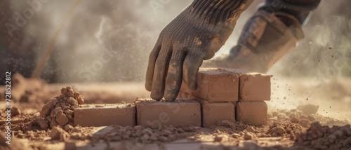 Construction worker's hands laying bricks with precision, amidst a cloud of dust