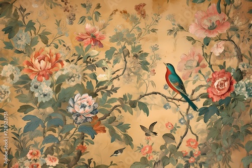 classic chinoiseries style painting with flower and bird, beautiful art work for wall art, decoration, and wallpaper