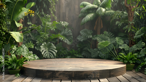 wooden podium surrounded by green plants, a place to display products, a podium for advertising a product