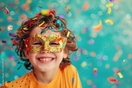 Enfant heureux avec masque pour le Mardi Gras avec confettis