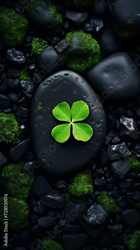 A single, vibrant four-leaf clover rests atop moss-covered stone. St. Patrick's Day, luck and finding joy in the simple things concept.