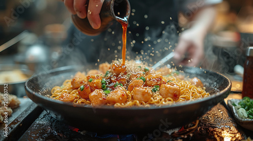 Chef garnishing pasta with sauce in a pan, action shot with flying food particles.